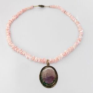 Pink Puka Shell Amethyst Crystal Pendant Necklace